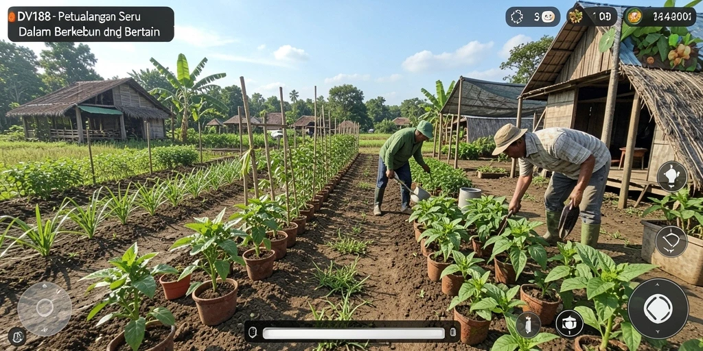 Screenshot gameplay DV188 menampilkan ladang yang subur dan berbagai tanaman.