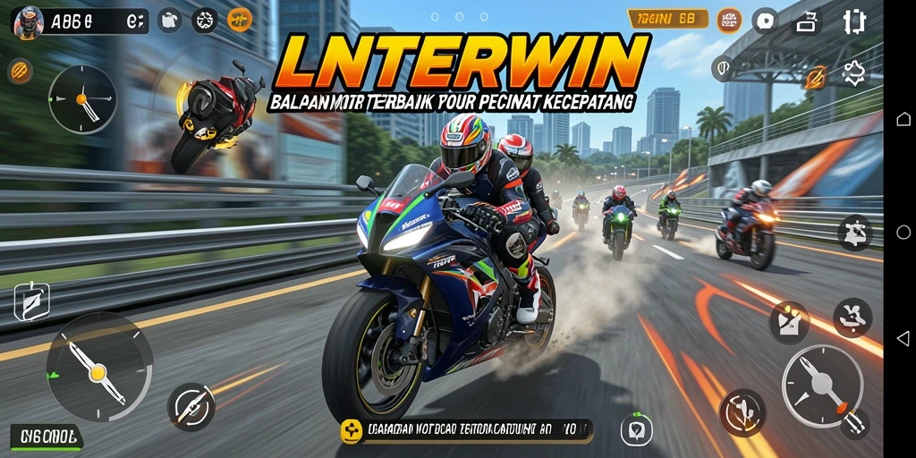 Screenshot gameplay LNTERWIN menampilkan aksi balapan motor yang intens.