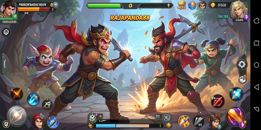 Tampilan gameplay seru dari RAJAPANDA88 dalam pertarungan karakter.