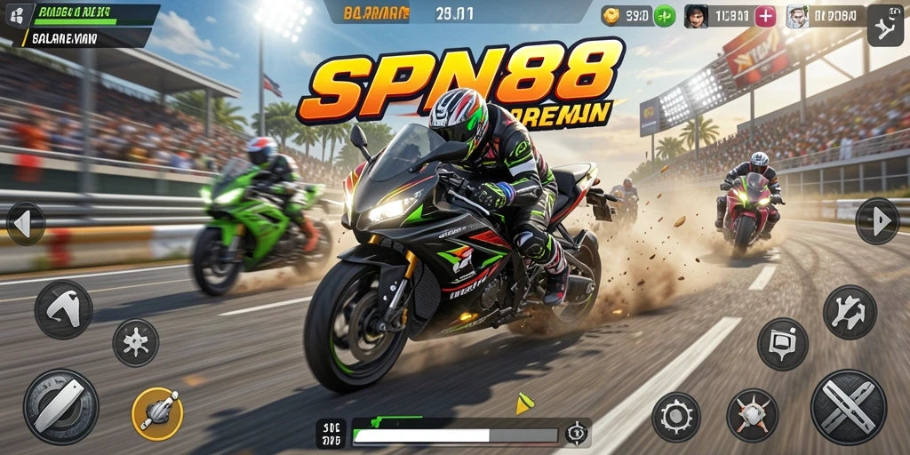 Tampilan gameplay seru dalam SPN88 dengan balapan motor cepat.
