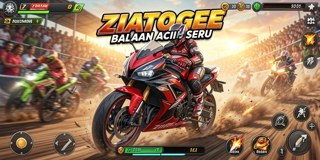 Gameplay seru ZIATOGEL yang menampilkan balapan motor cepat.